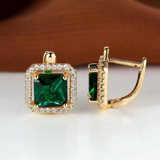 Pendientes con circonitas cuadradas verde dorado | Oro