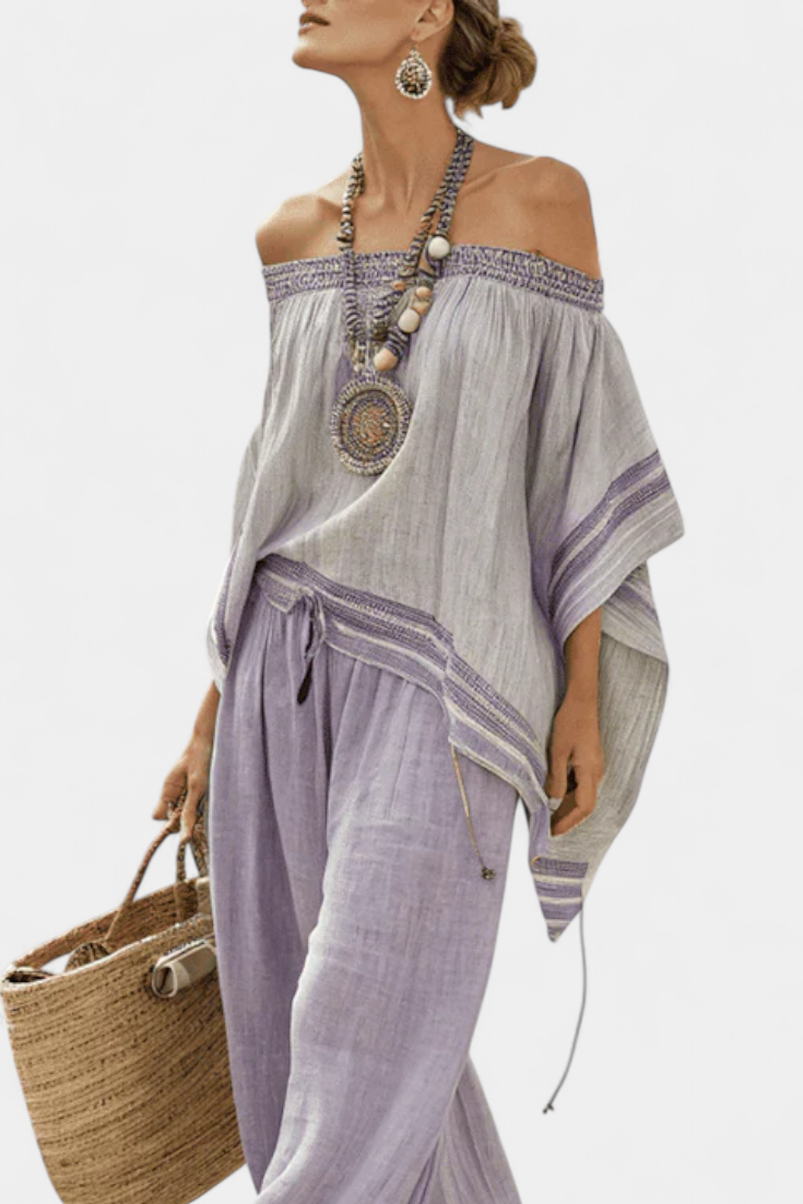 Isadora | Conjunto de Bambú-Lino a Rayas con Blusa Off-Shoulder