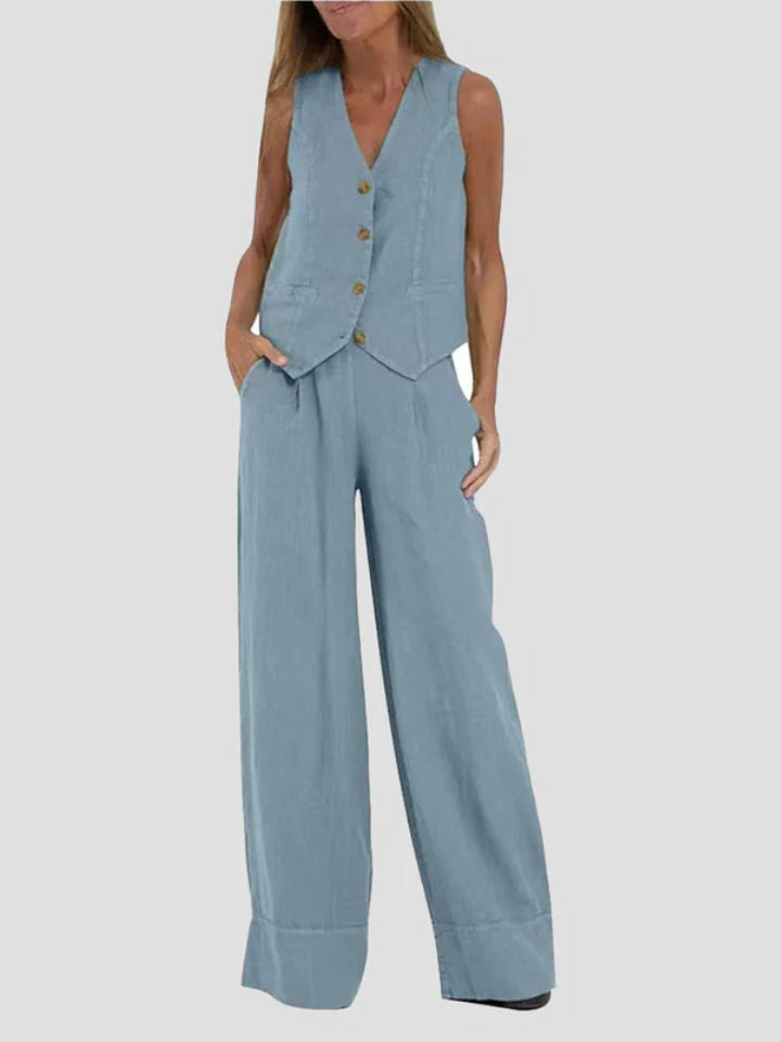 Aira | Chaleco Abotonado y Conjunto de Pantalón de Pierna Ancha