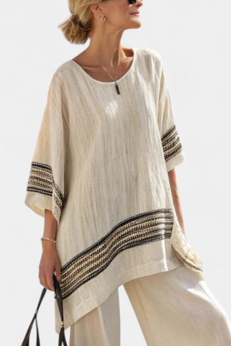 Lucia | Conjunto Mediterráneo de Bambú-Lino con Rayas en Contraste